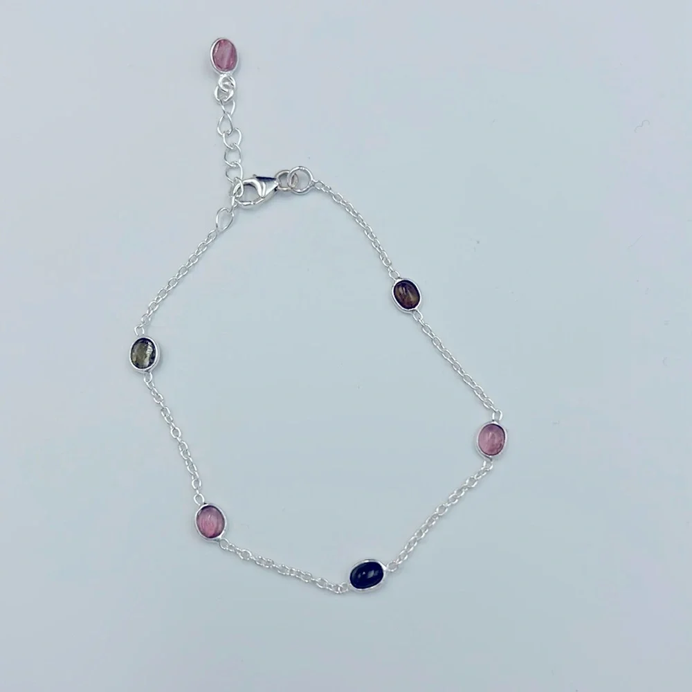 925 Sterling Silver Multicolor Tourmaline October Birthstone Dainty Bracelet